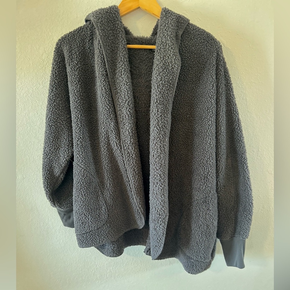 Derek Heart Women’s Dark Grey Fuzzy Hooded Open Front Cardigan